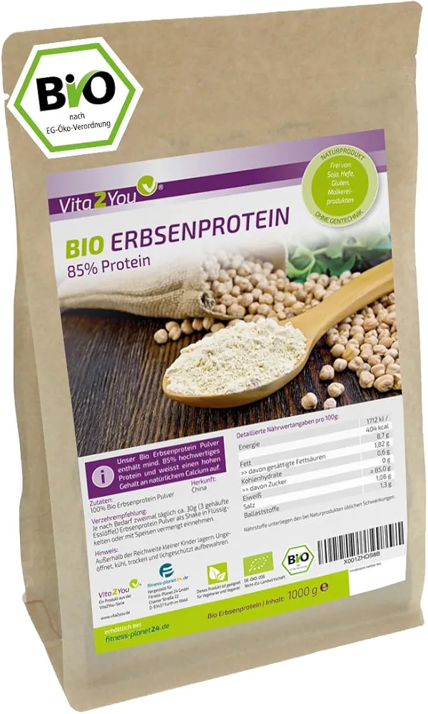 Vita2You Organic Pea Protein 1 kg - Eco Cultivation - 85% Protein - Vegan Protein - Gluten Free - Pea Protein Isolate - 1000 g - Premium Quality