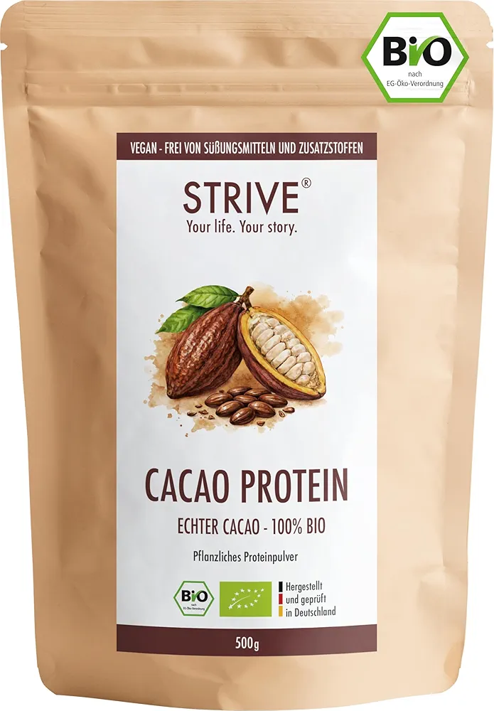 STRIVE Cacao Protein Vegan 100% Organic 500 g Natural Protein with Certified Organic Cocoa No Sweeteners and Flavours No Soy & Gluten Multi-Component 4K Made in Germany DE-ÖKO-039