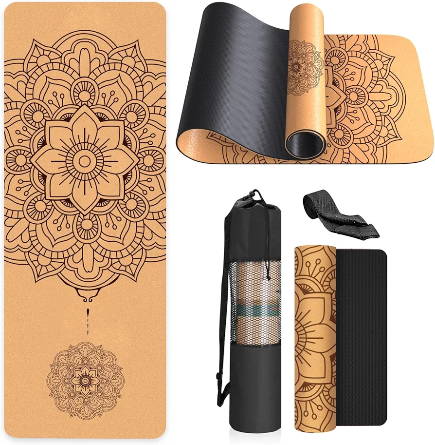 Yoga Mat Non-Slip Unique Design Natural Cork TPE Material Fitness Training Mat Non-Slip for Home, Pilates, Aerobics, Fitness & Training 183 x 61 cm