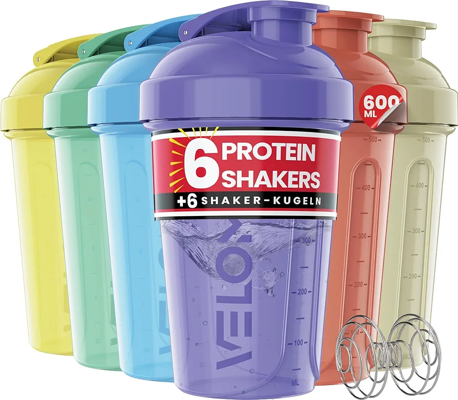 Velomix -6 PACK- 600ml Eiweiß Shaker - Auslaufsicher Shaker Proteinshake Mit 6x Kugel | Drehverschluss & Mess-Skala Shake Becher | Spülmaschinengeeignet & Stackable Protein Shaker (Pastel Shades)