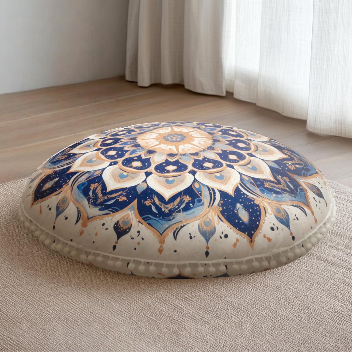Meditation Floor Cushion, Round Seat Cushion with Washable and Removable Cover, 80 cm Large Ergonomic Yoga Cushion with Pompom Decor, for Indoor and Outdoor Use, Navy Blue