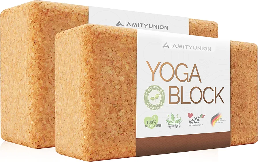 Yoga Block Set of 2 Cork 100% Natural - Hatha Block Also for Beginners Meditiation & Pilates, Fitness Accessories for Regeneration, Back, Stretching Exercises & Block Training, Two Blocks 75 mm