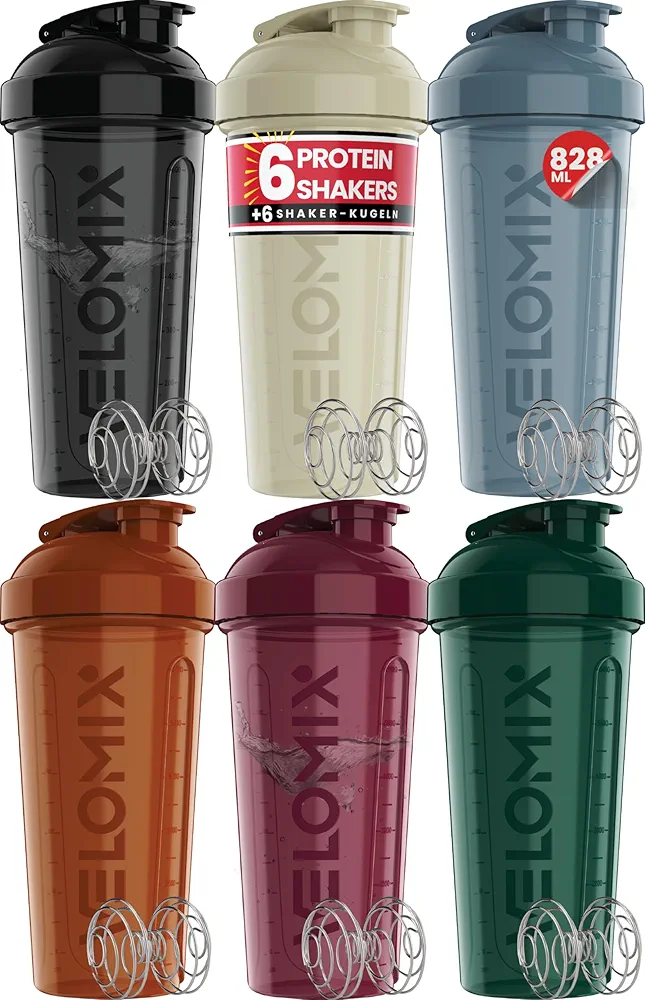 VELOMIX - 6 Pack - 828 ml Protein Shaker - Leak-Proof Shaker Protein Shake with 6 x Balls | Screw Cap & Measuring Scale Shake Cup | Dishwasher Safe & Stackable Protein Shaker (Earth Tones)