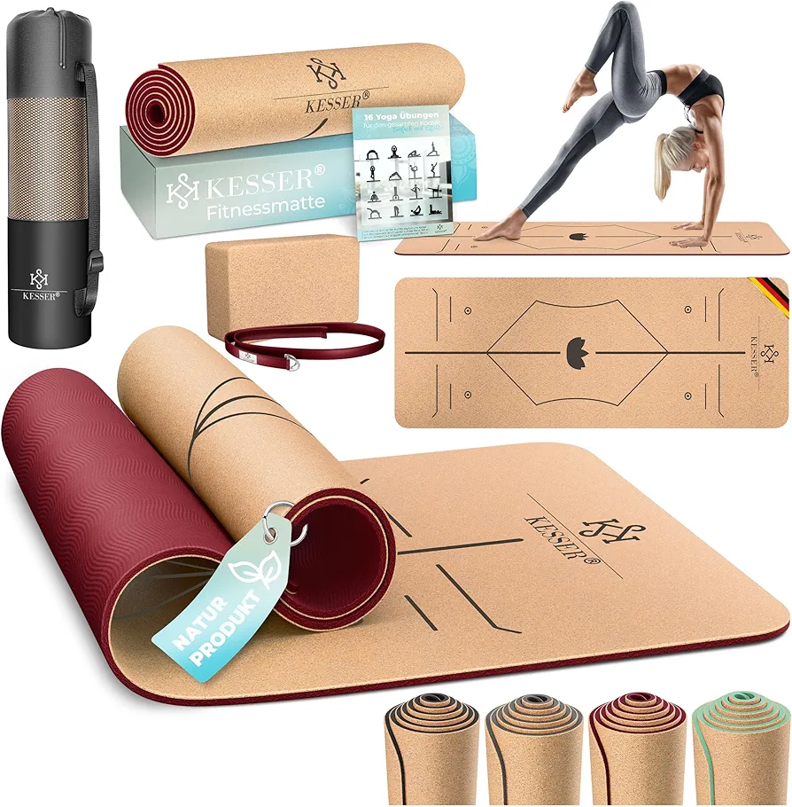 KESSER® Cork Yoga Mat with Carry Strap Bag & Yoga Block Gymnastics Mat Yoga Mat Non-Slip Natural Rubber TPE Fitness Mat 183 x 62 cm Training Mat for Fitness Sports Mat Gymnastics Extra Thick